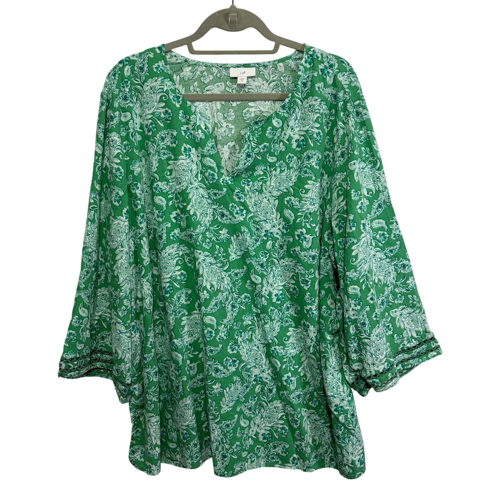 J. Jill Green Paisley Linen Blend Lace Trim Tunic Top 3X Beachy Coastal Tropical